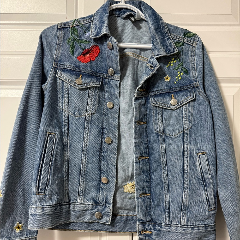 H&M Blue Denim Jacket with Floral Embroidery